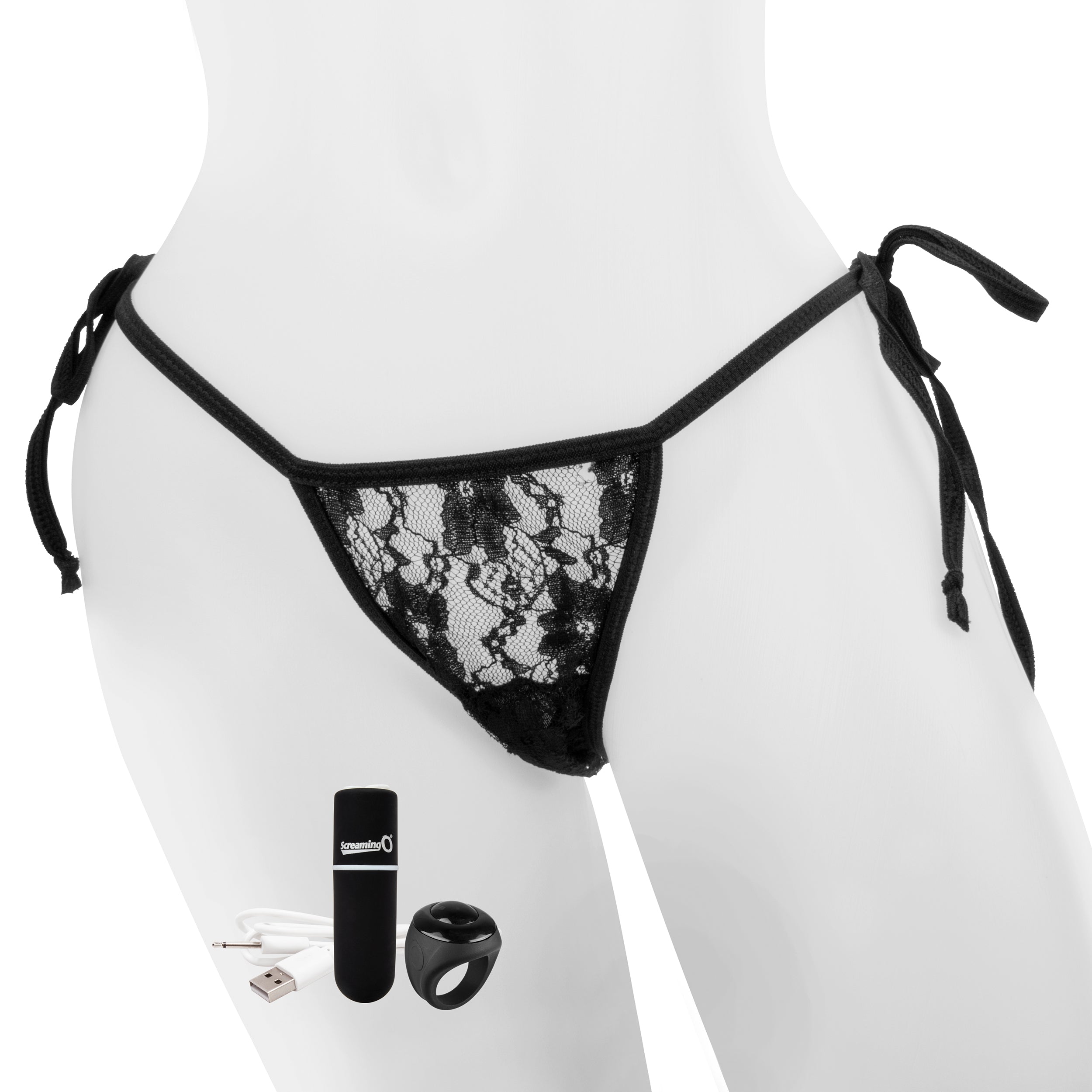 Black lace thong with side ties and a remote-controlled vibrating bullet.