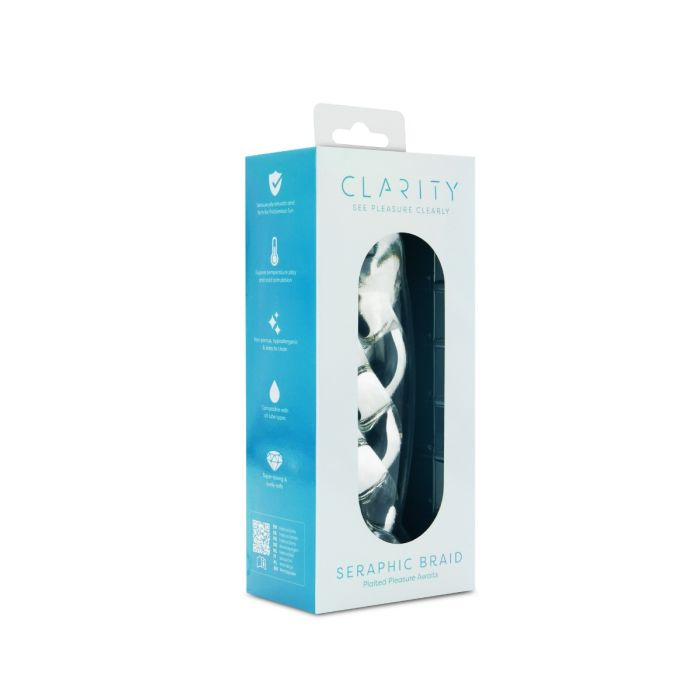 A clear glass dildo with a spiral braid design in its packaging.