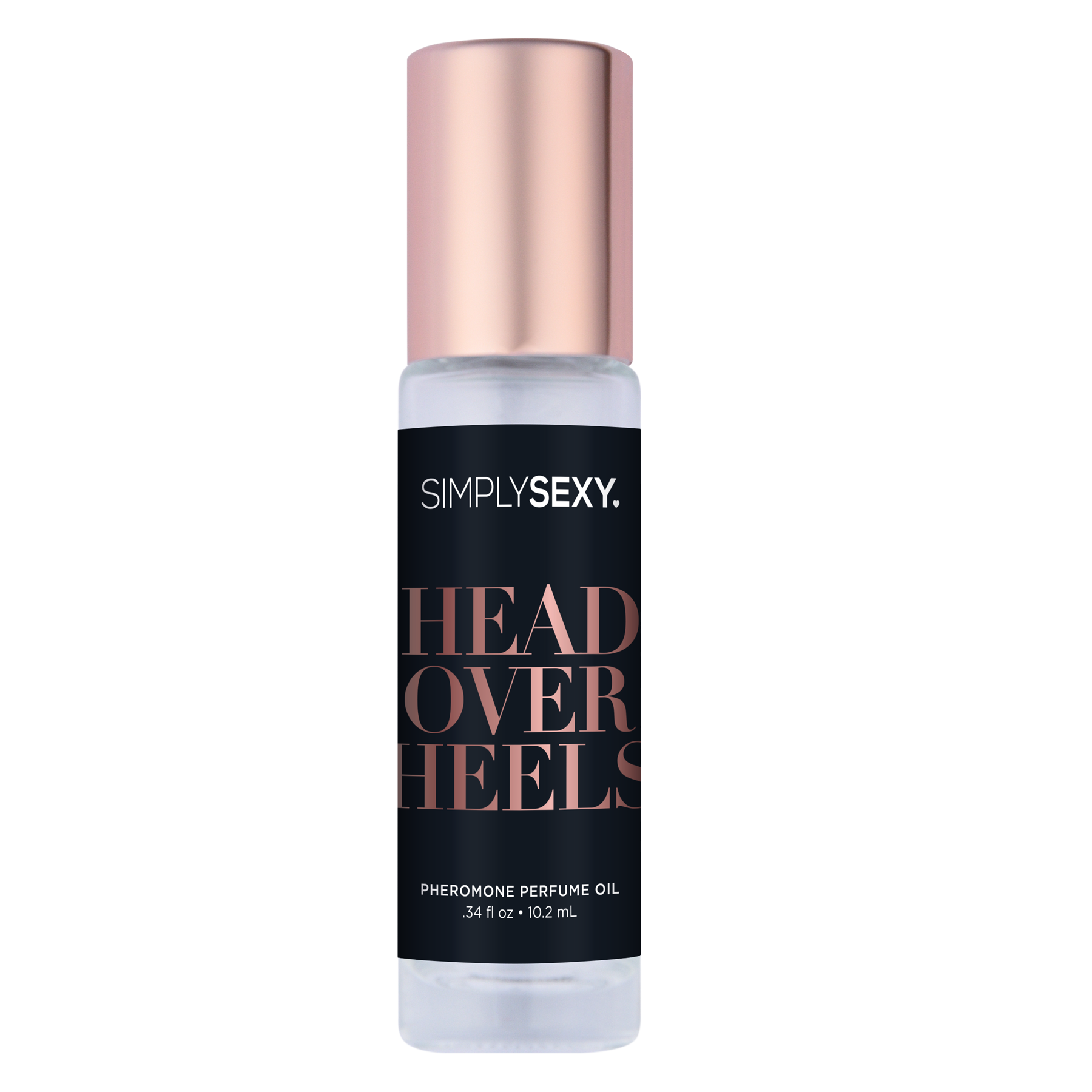 Simply Sexy Head Over Heels pheromone perfume oil roll-on with rose gold cap.