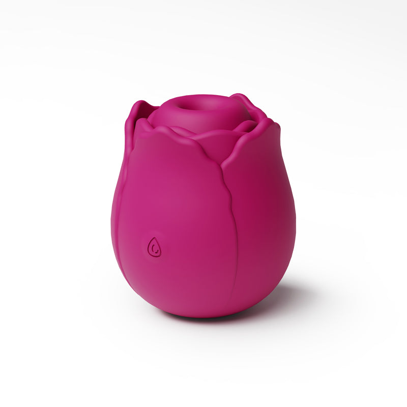 A pink rose-shaped silicone massager with a textured petal design.