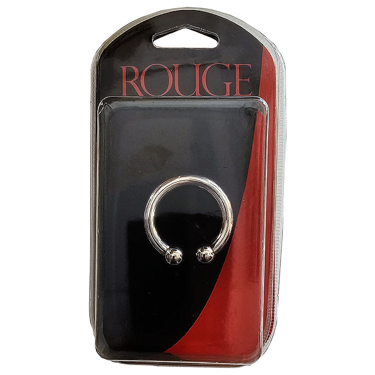 Stainless steel horseshoe cock ring with balls, 30mm, in Rouge packaging.