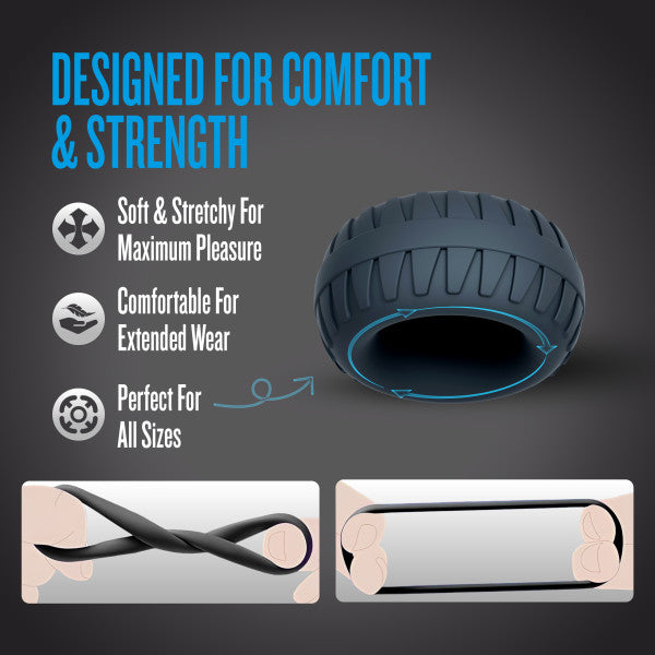 Textured silicone cock ring and ball stretcher designed for comfort and strength.