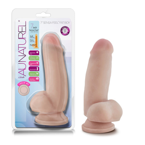 7-inch beige dual density dildo with suction cup base on clear packaging.