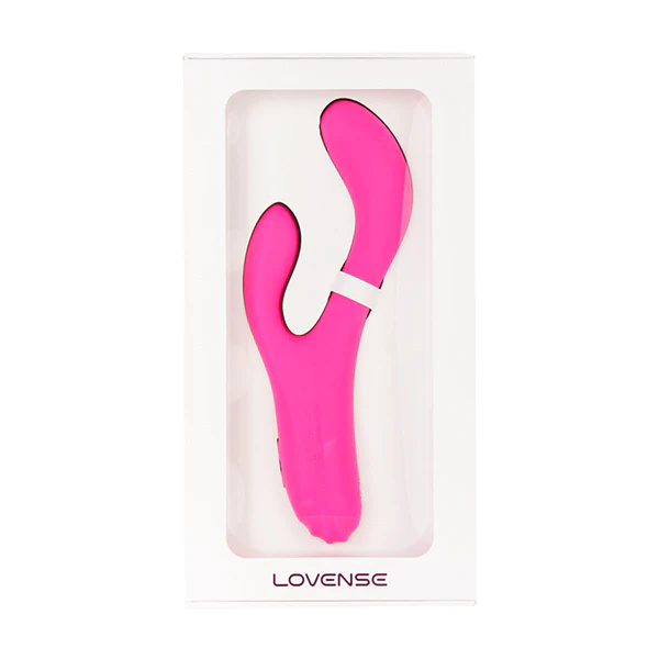 Pink app-controlled oscillating rabbit vibrator in packaging.