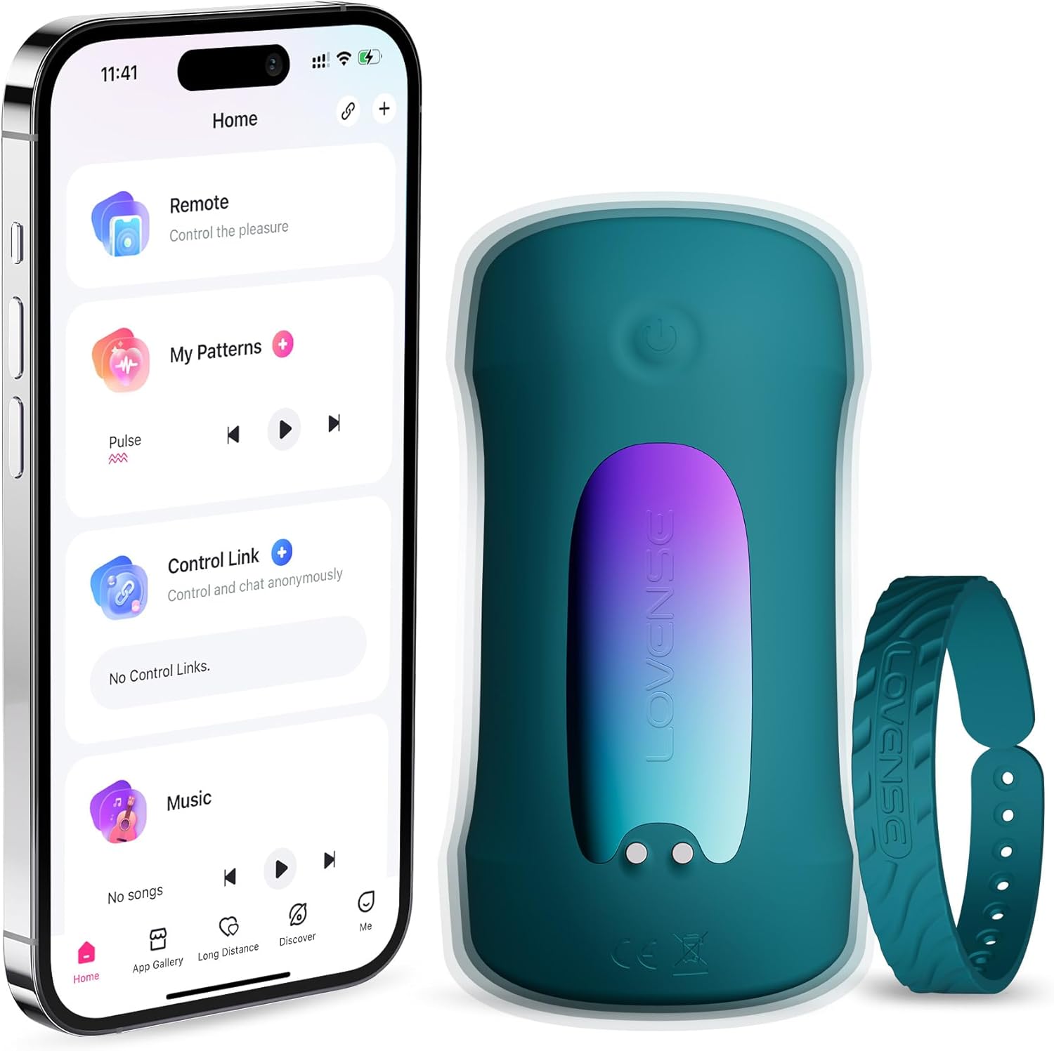 A teal Lovense Gush 2 app-controlled glans massager and matching wristband.
