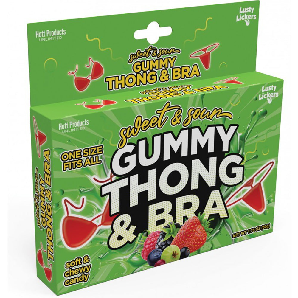 Green box of sweet and sour gummy thong and bra candy.