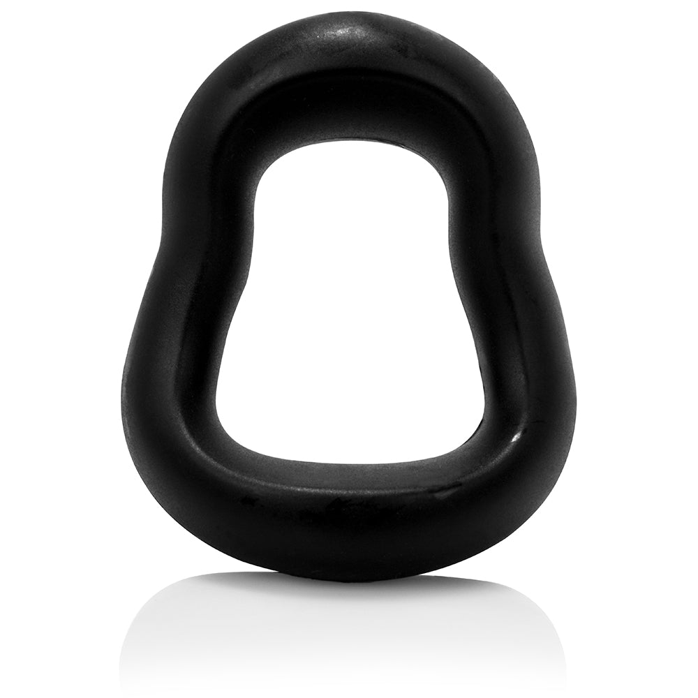 Black curved silicone cock ring with a reflective surface.
