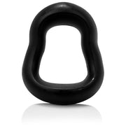 Black curved silicone cock ring with a reflective surface.