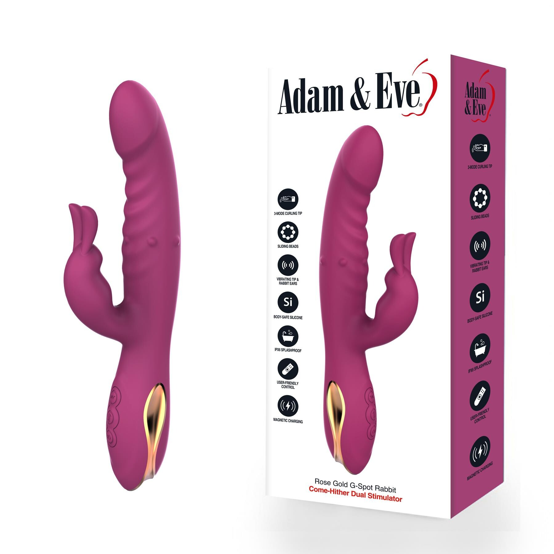 Purple rechargeable rabbit vibrator with G-spot tip, sliding beads, and vibrating ears in Adam & Eve box.