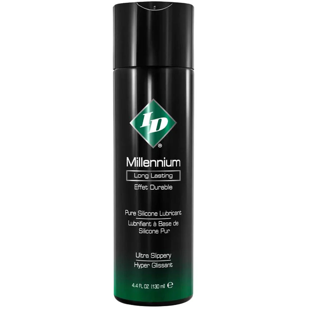 ID Millennium Silicone Lubricant in a black bottle with green logo.