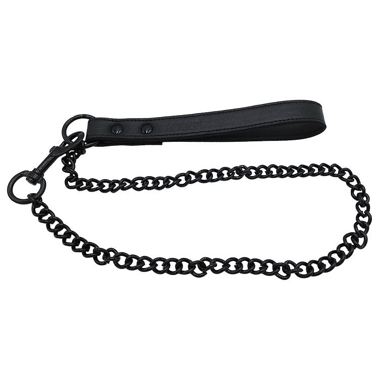 Black leather lead with a metal chain and trigger hook.