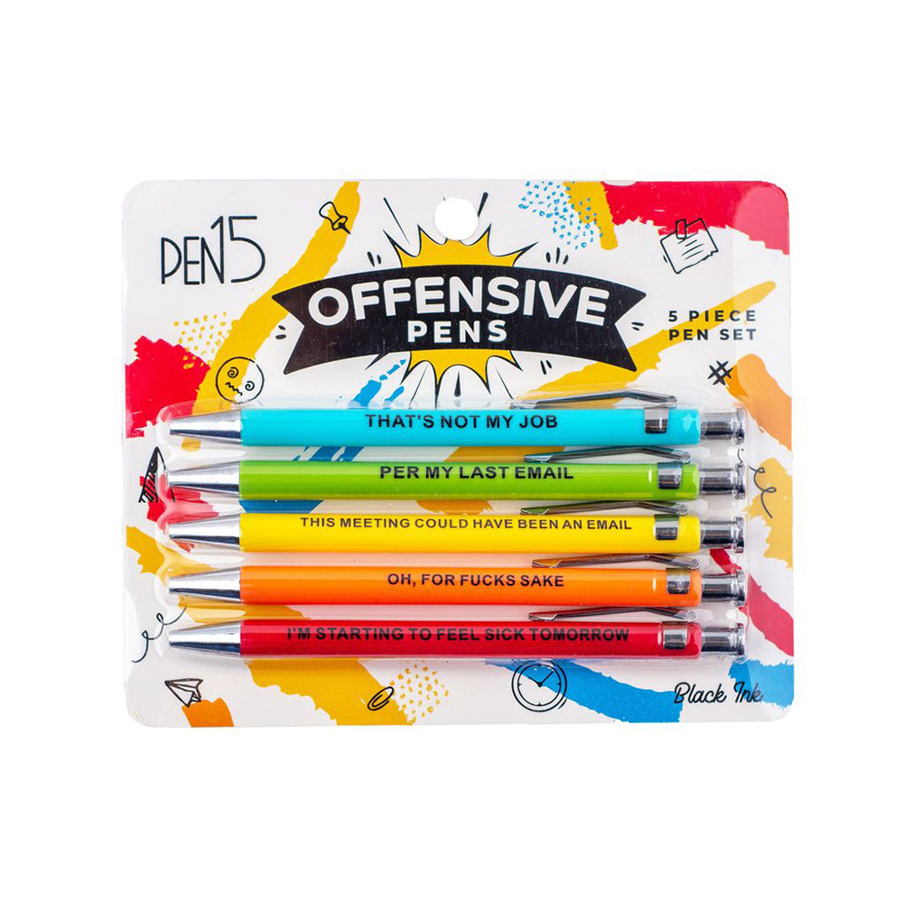 A 5-piece set of offensive ballpoint pens with humorous phrases.