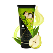Shunga edible massage cream in Pear & Exotic Green Tea flavor with a pear slice.
