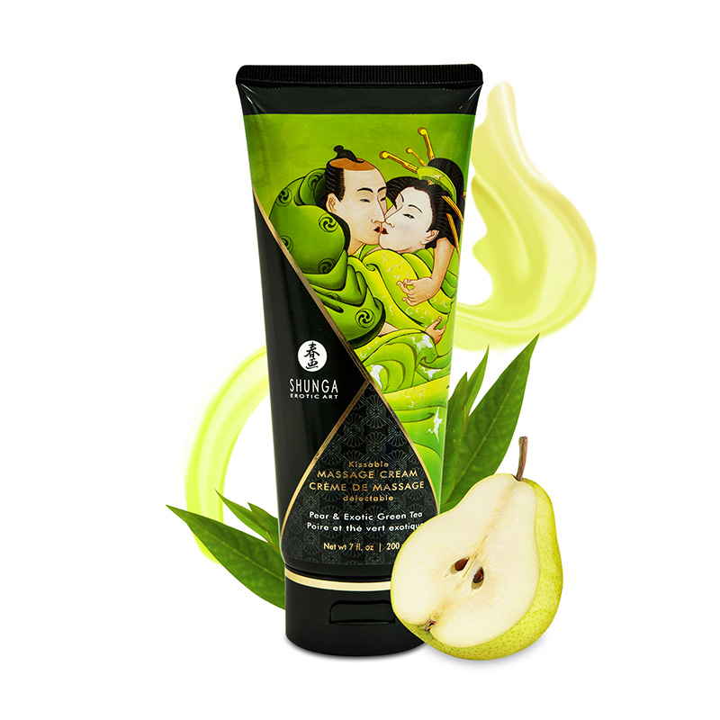 Shunga edible massage cream in Pear & Exotic Green Tea flavor with a pear slice.