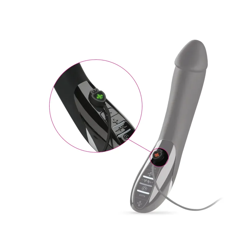 Black silicone e-stim vibrator with pelvic floor training features.