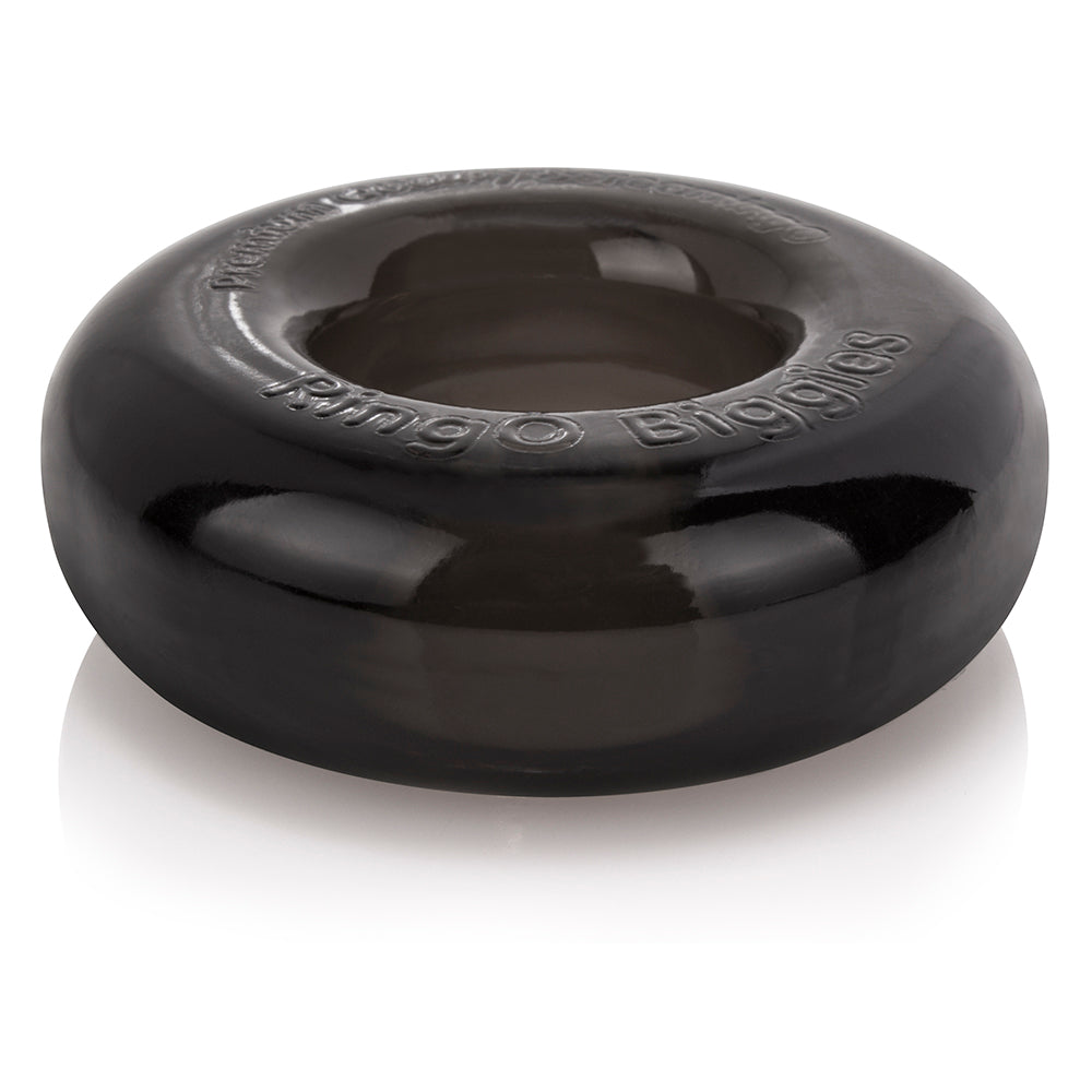 Thick black stretchy cock ring with "Screaming O Biggies" embossed on it.