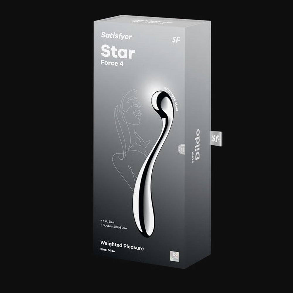 Satisfyer Star Force 4 XXL stainless steel dildo on its packaging.