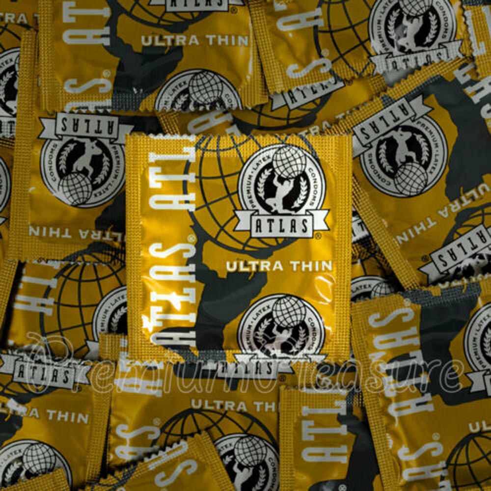 Atlas Ultra Thin condoms with reservoir tip and globe logo.