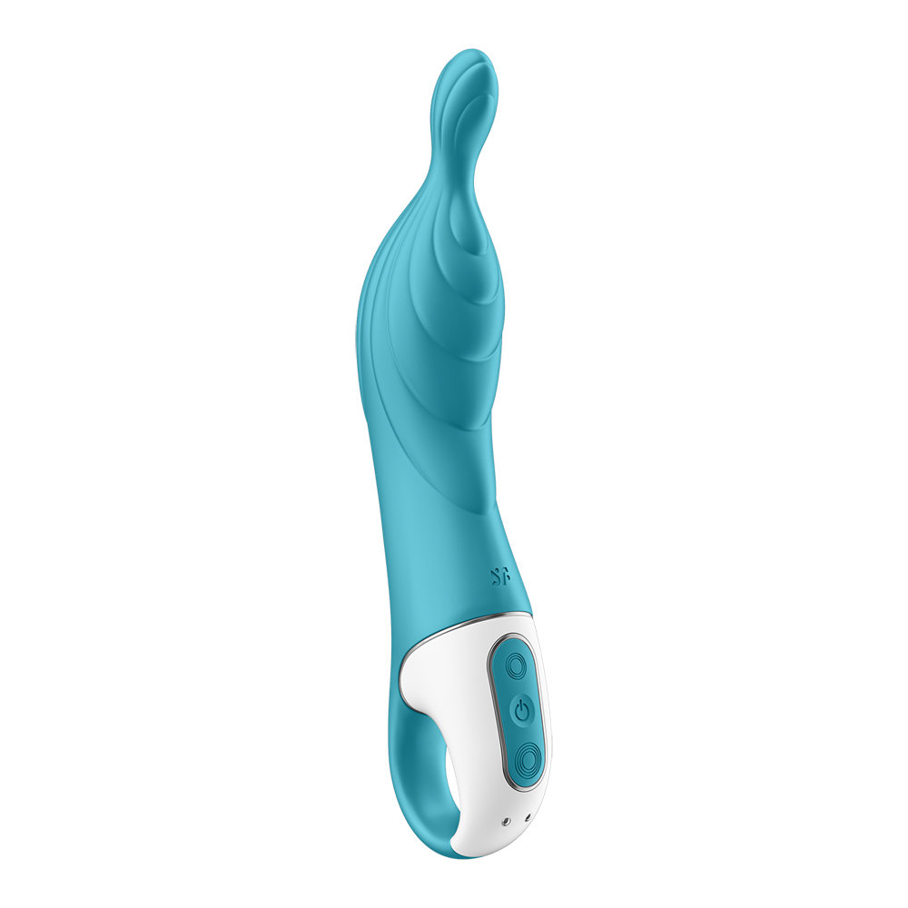 A teal and white silicone vibrator with a curved shaft and textured head.