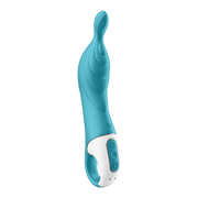 A teal and white silicone vibrator with a curved shaft and textured head.
