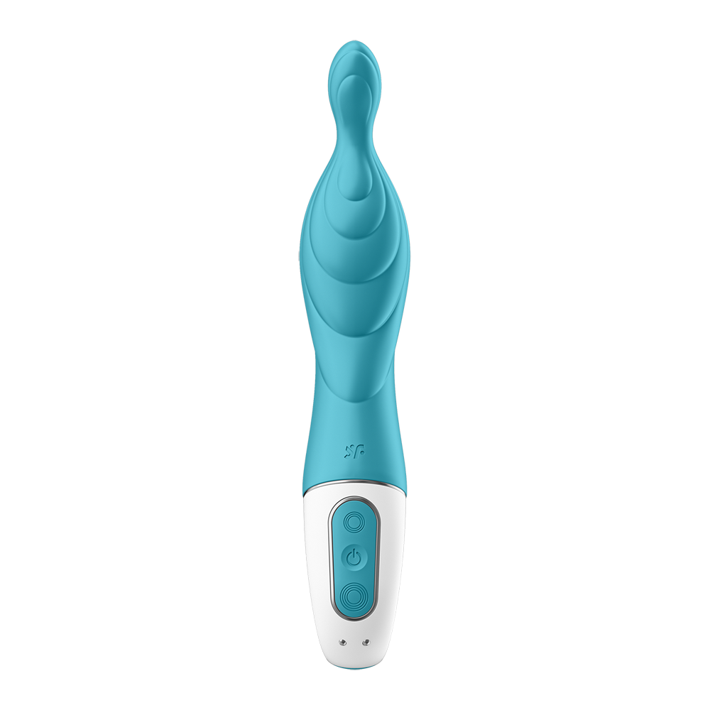 A teal and white A-spot silicone vibrator with textured waves and control buttons.