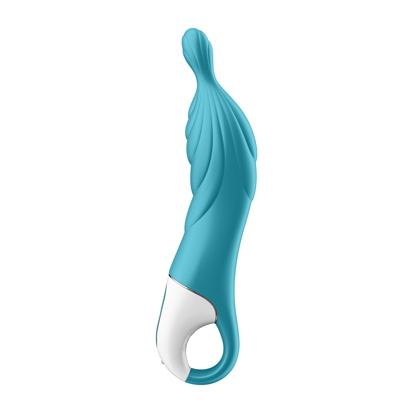 A teal and white silicone vibrator with a textured, curved design.