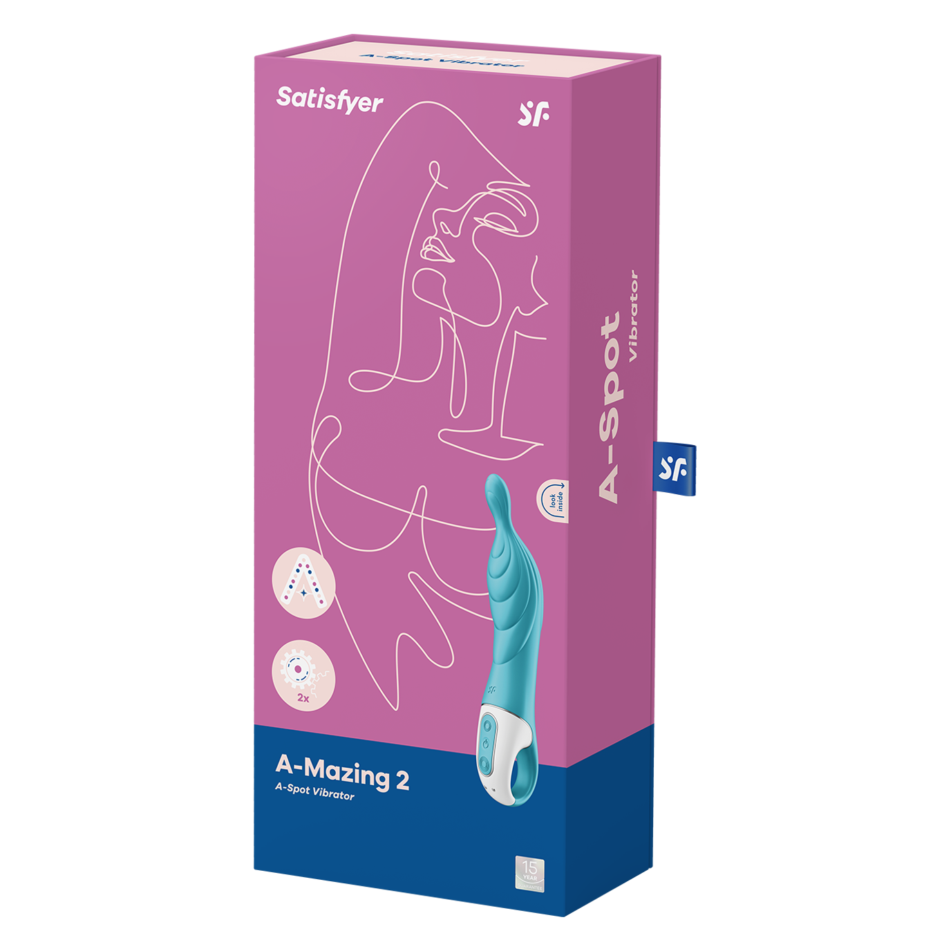 Satisfyer A-Mazing 2 A-Spot vibrator in teal and white on a pink and blue box.