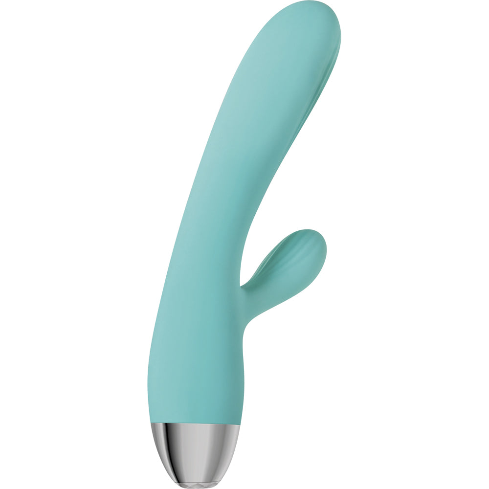 A teal dual shaft massager with a silver base.