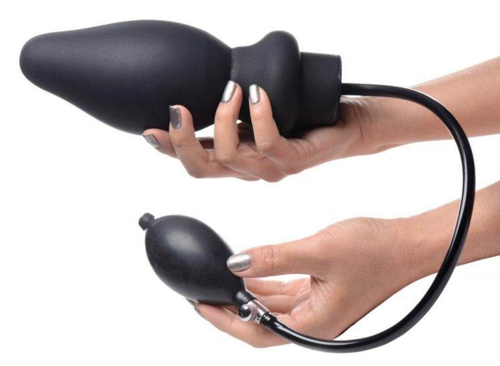 Black inflatable silicone anal plug with a hand pump.