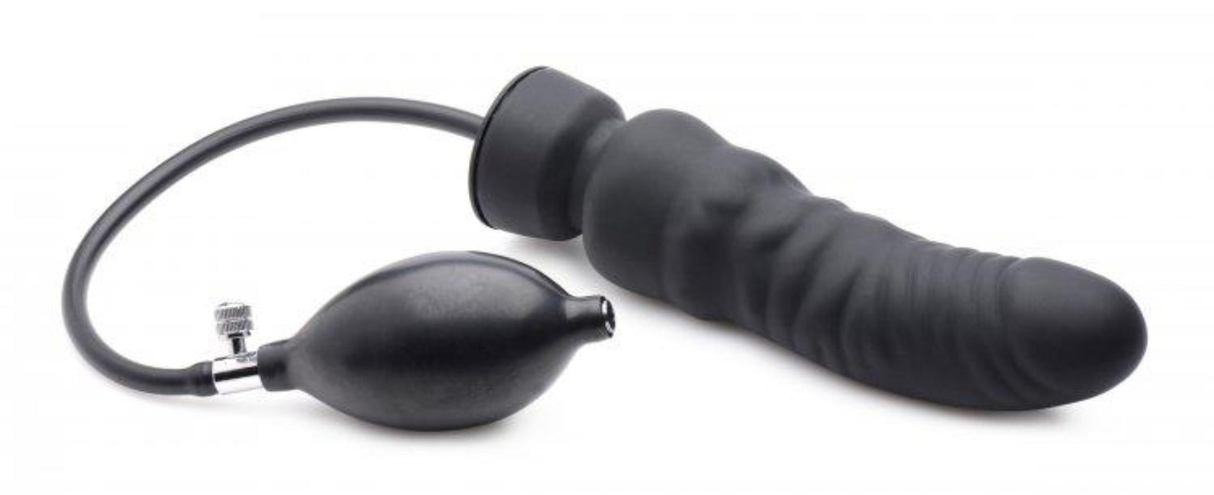 Black inflatable silicone dildo with a hand pump.