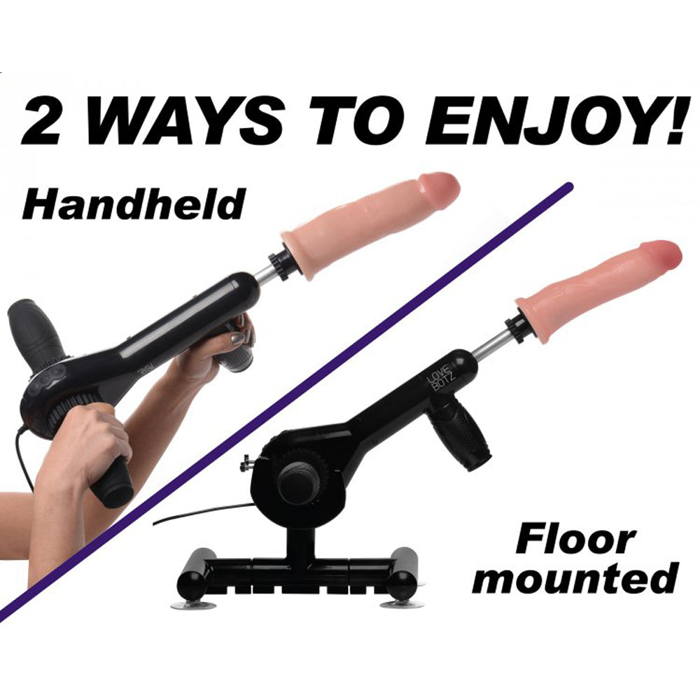 A sex machine shown in handheld and floor-mounted configurations.