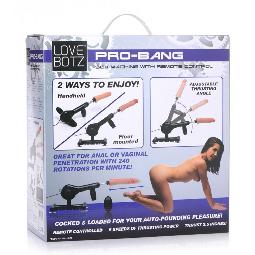Pro-Bang sex machine with remote control and two mounting options.