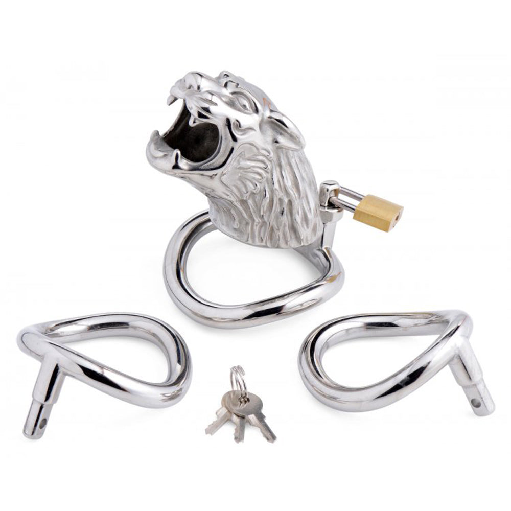 Tiger stainless steel locking chastity cage with three rings and keys.