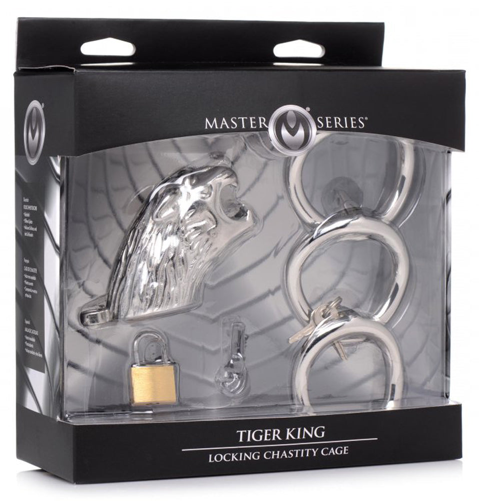 Tiger King locking chastity cage with three rings and a padlock.