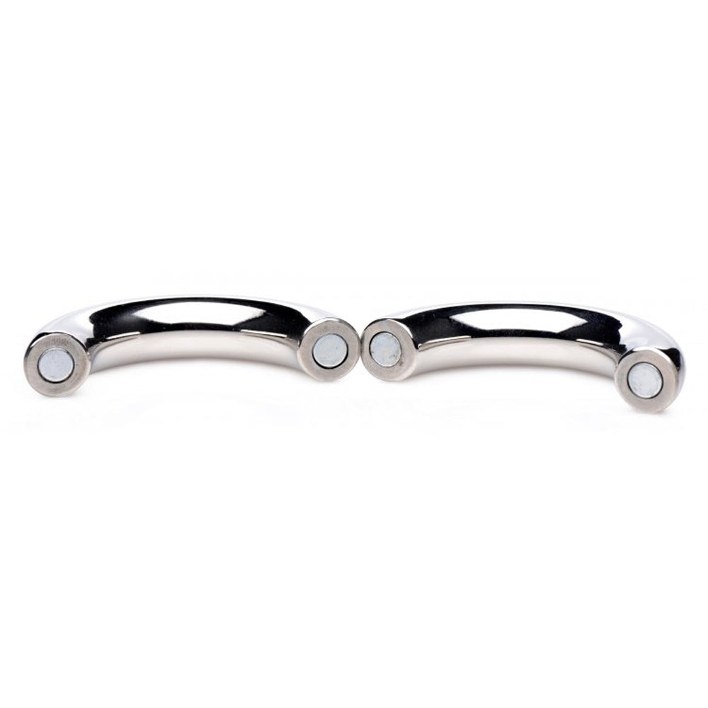 Curved stainless steel magnetic cock ring with two circular magnetic ends.