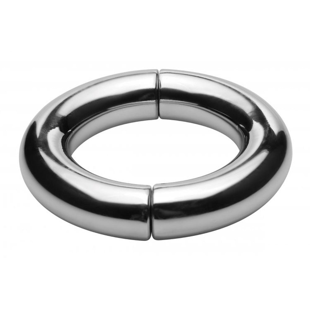 Stainless steel magnetic cock ring with a polished finish.