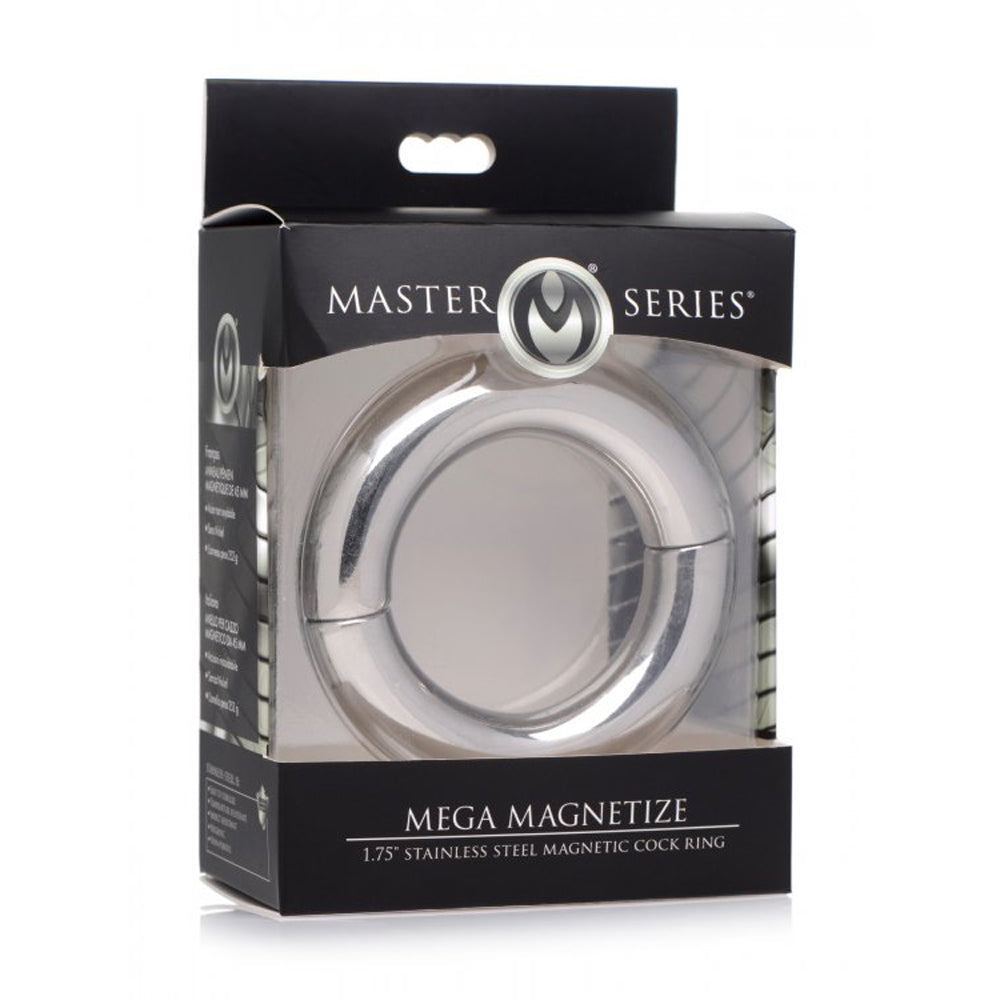 Master Series stainless steel magnetic cock ring in packaging.