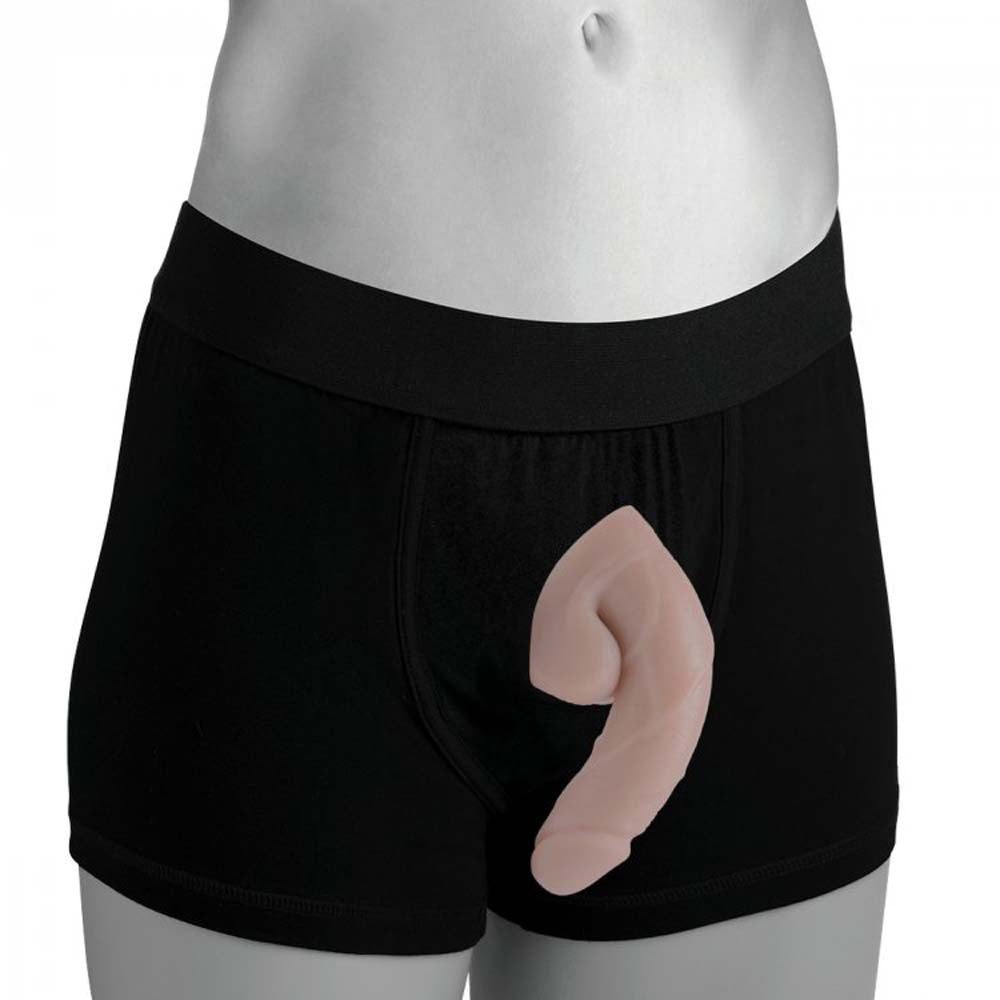 Black boxer briefs with a light-toned, realistic packer dildo.