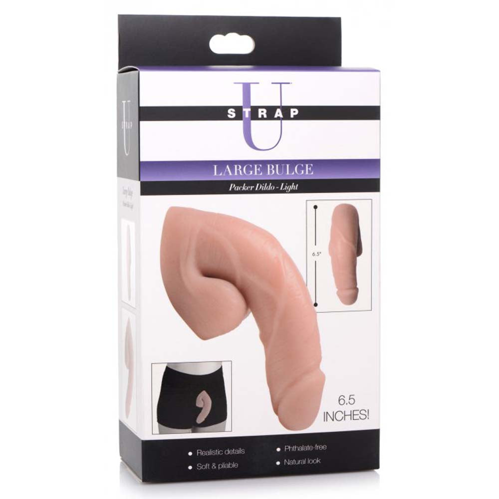 Large soft packer dildo in light tone with realistic veins, 6.5 inches long, in packaging.