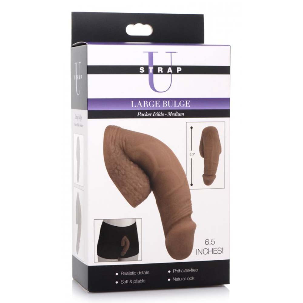 A large, brown, realistic packer dildo with a 6.5-inch measurement.