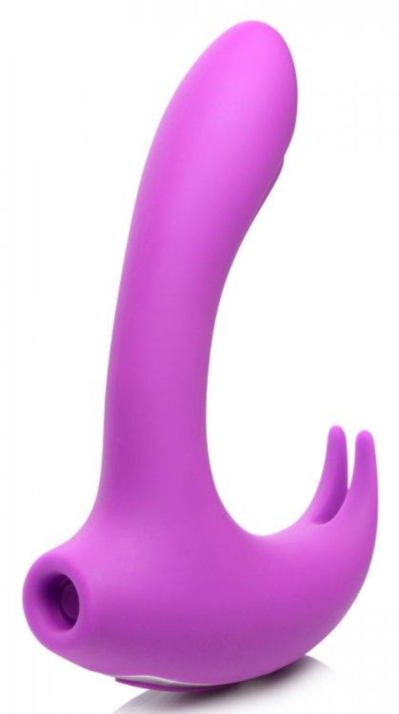 A purple G-spot rabbit vibrator with a curved shaft and two tendrils.