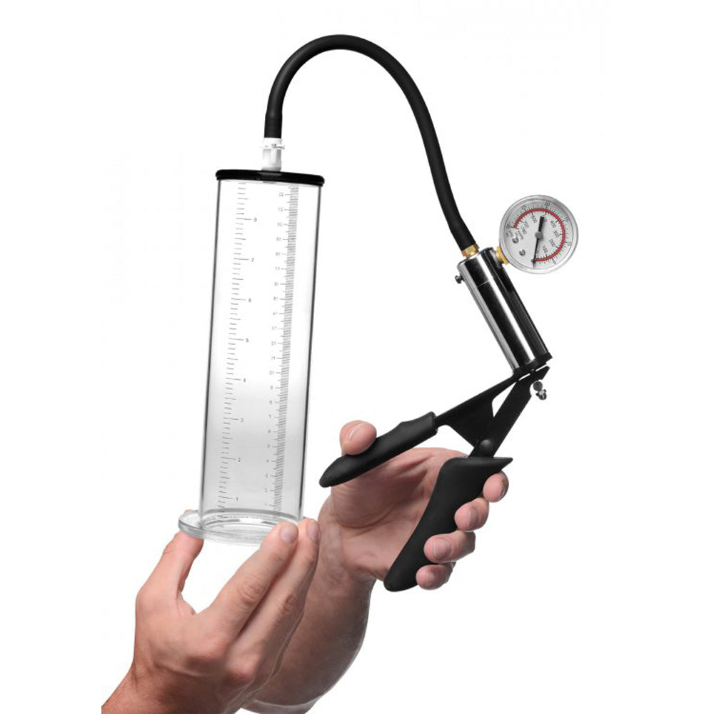 Penis pump kit with a clear cylinder, hand pump, and pressure gauge.