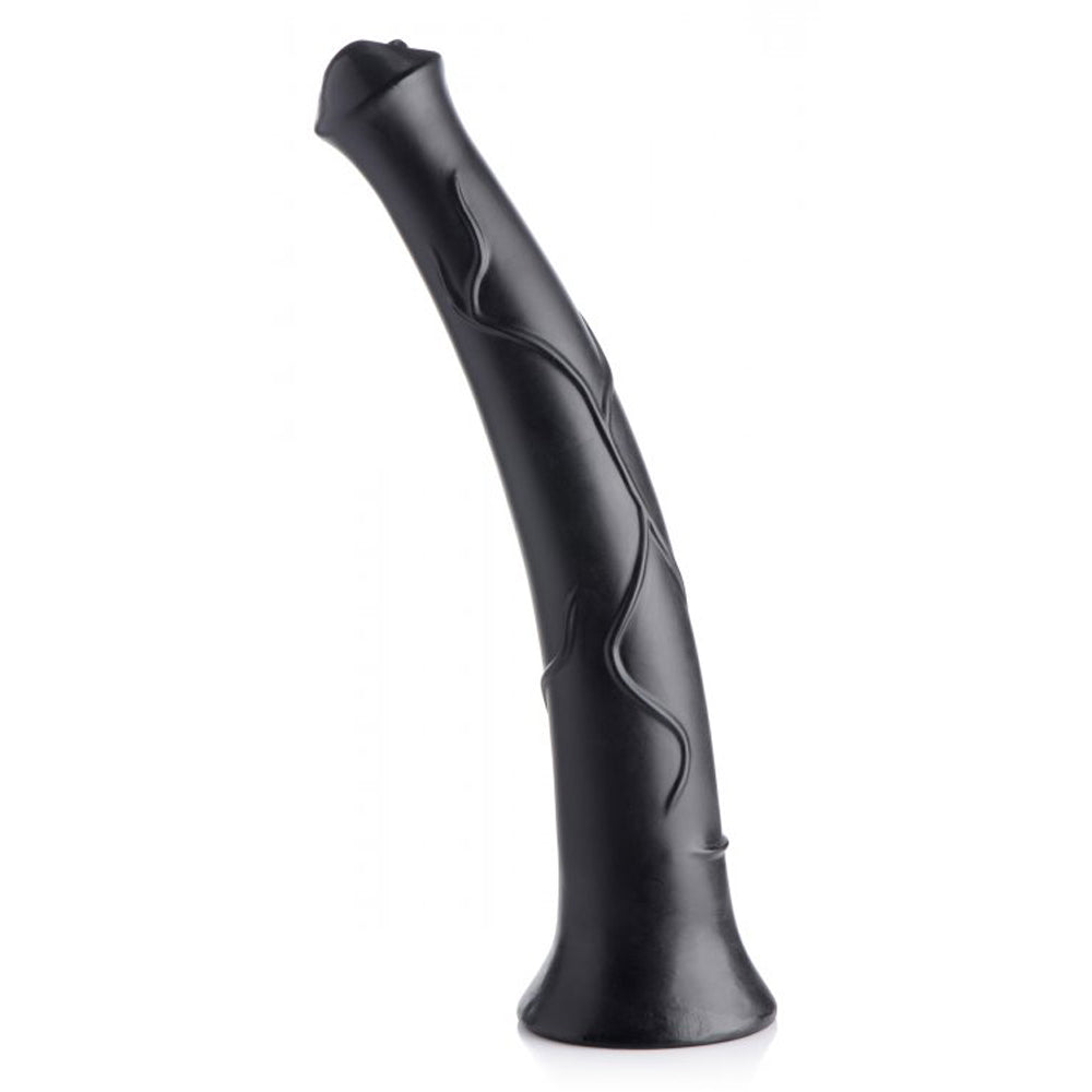A black, curved dildo with a flared base and textured design.
