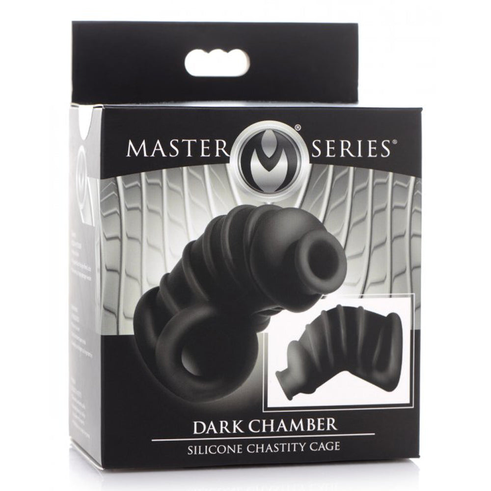Master Series black silicone chastity cage with ribbed texture.