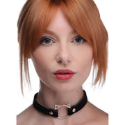 Black PU leather choker with a silver cat ring charm.