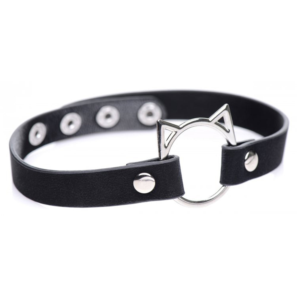 Black PU leather choker with a silver cat ear ring and snap closures.