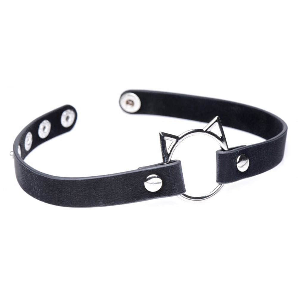 Black PU leather choker with a silver cat ear ring and adjustable snaps.
