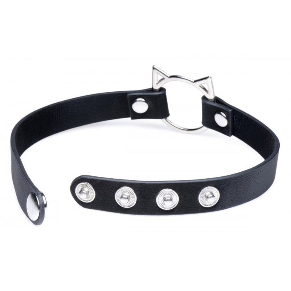 Black PU leather choker with a silver cat ring and snap closures.