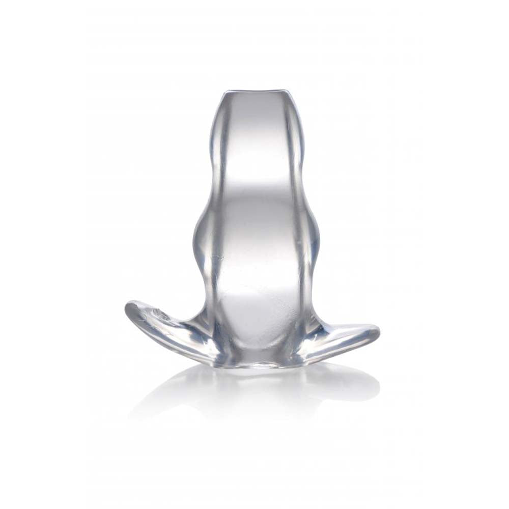 Transparent TPE hollow anal plug with a flared base.