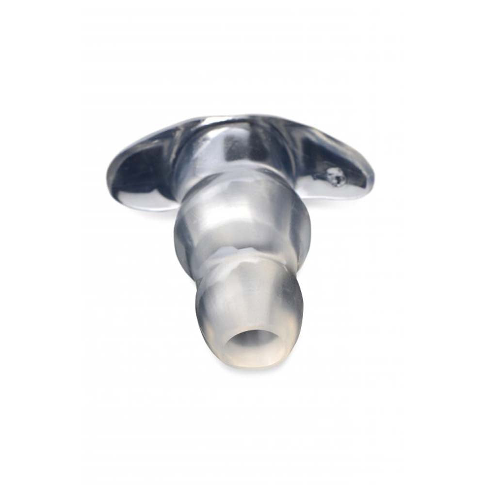 Transparent TPE hollow anal plug with a tunnel design.